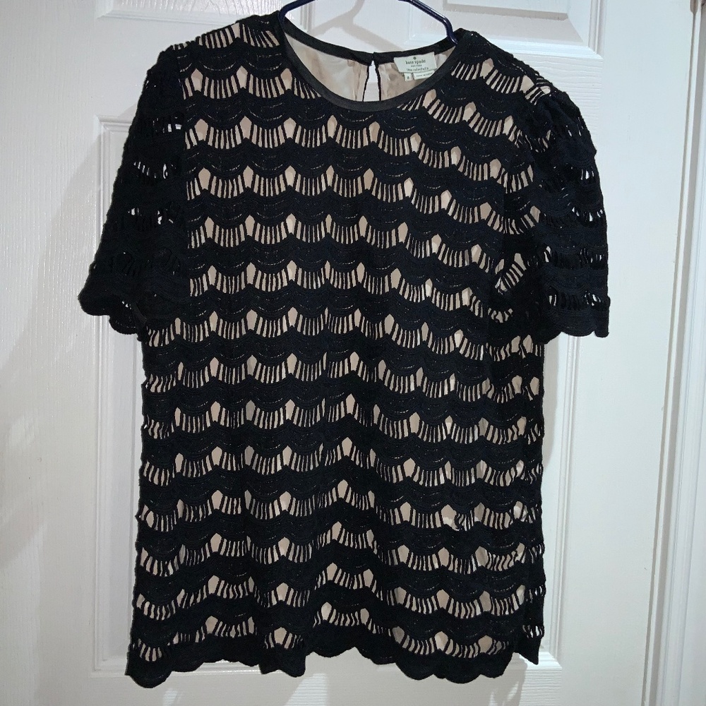 Kate Spade Black Scalloped Lace Short Sleeve Blouse Sz 8
